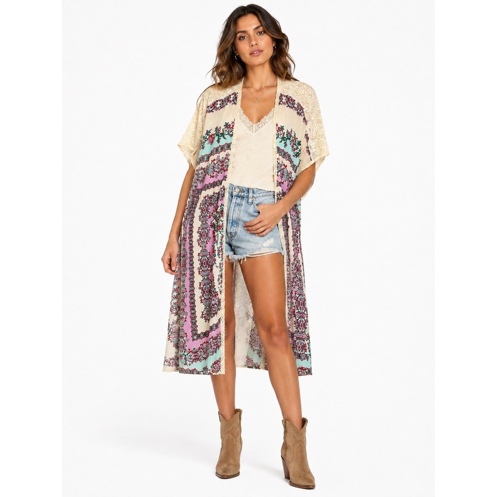 Grace & Lace Floral Duster Kimono Lace Crochet Boho Cardigan Pink Teal | L/XL